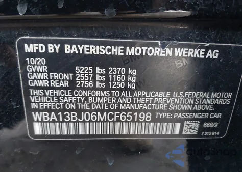 2021 BMW 530I xDrive из США, поврежденный, VIN WBA13BJ06MCF65198